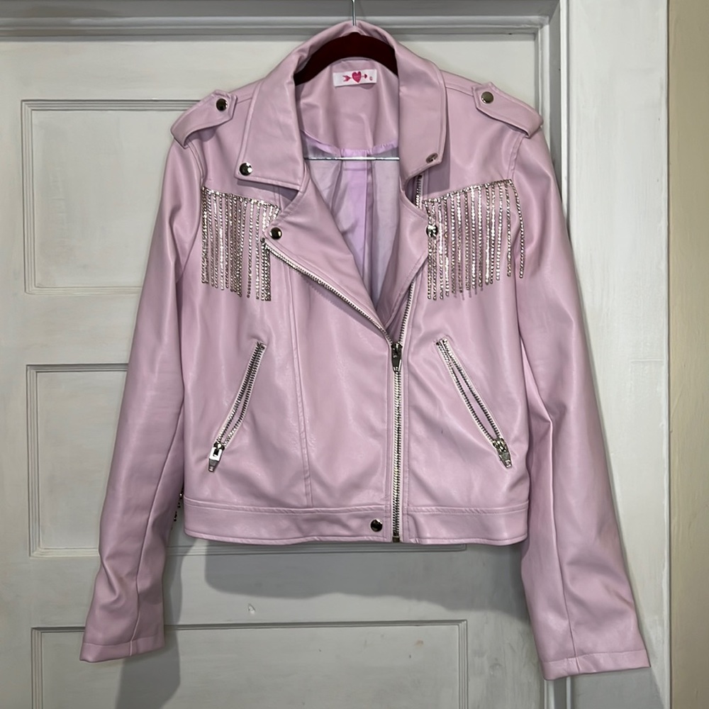 Buddy Love Crystal Fringe Vegan Leather Jacket! Lavender/Pink. Size XL
